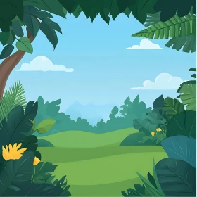 Illustrated Nature Scene with Green Foliage and Clear Sky