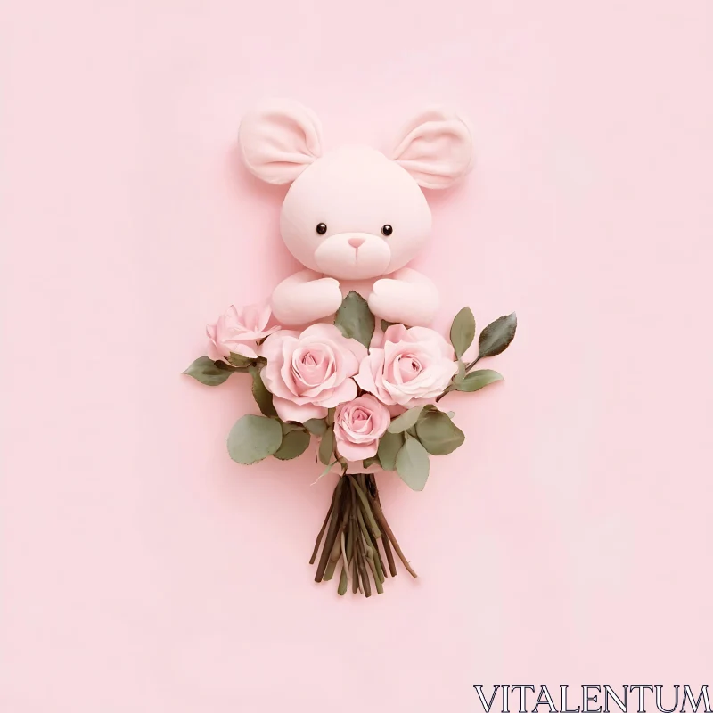 AI ART Pastel Pink Teddy Bear and Roses