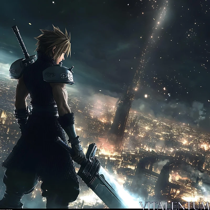 Anime Hero Holding Sword Above City at Night AI Image