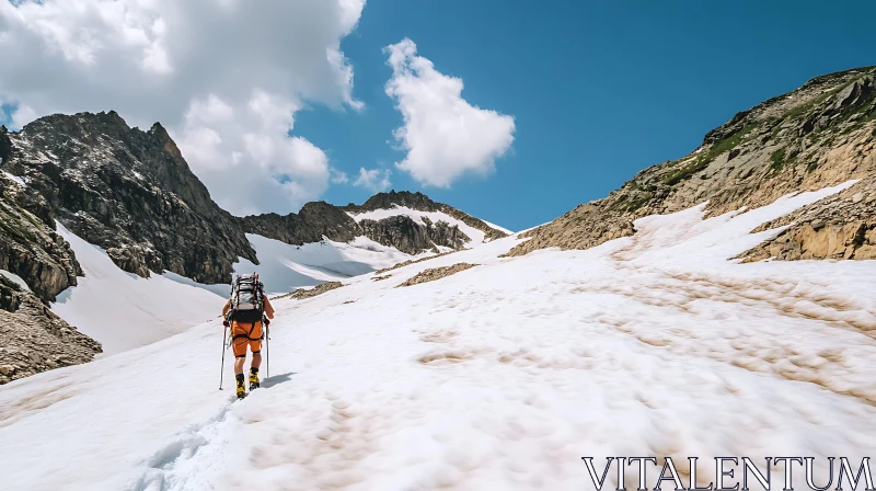 Snowy Mountain Hike on Sunny Day AI Image