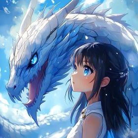 Majestic White Dragon and Anime Girl Illustration