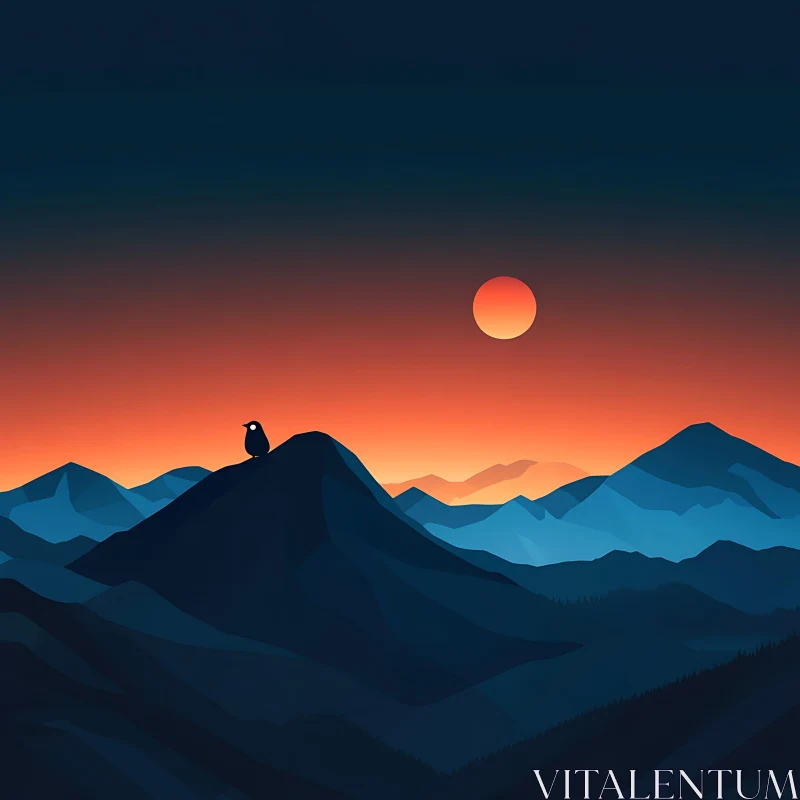 AI ART Sunset Mountain Bird Perched on Peak