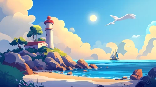 Coastal Lighthouse and Sailboat Illustration