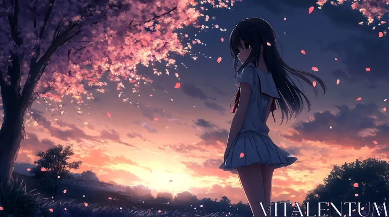 AI ART Serene Sunset with Anime Girl and Cherry Blossoms