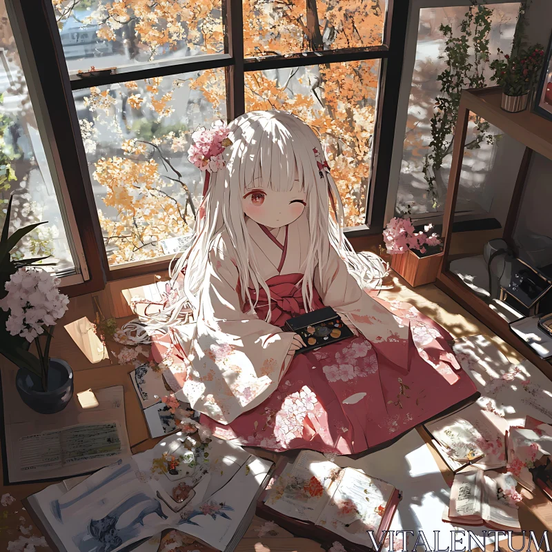 Winking Anime Girl in Autumn AI Image