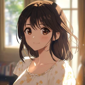 Anime Portrait of a Smiling Girl in Floral Dress