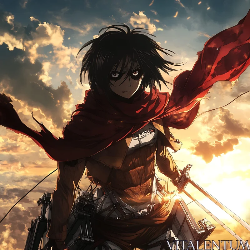 Anime Character with Swords and Sunset AI Image