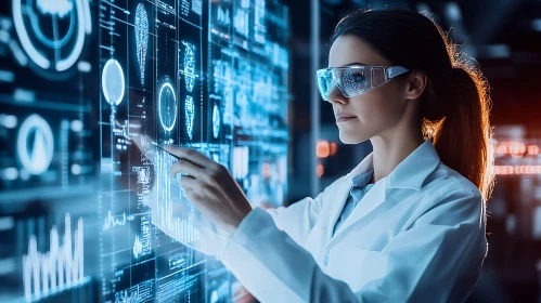 Woman Scientist Interacting with Holographic Data