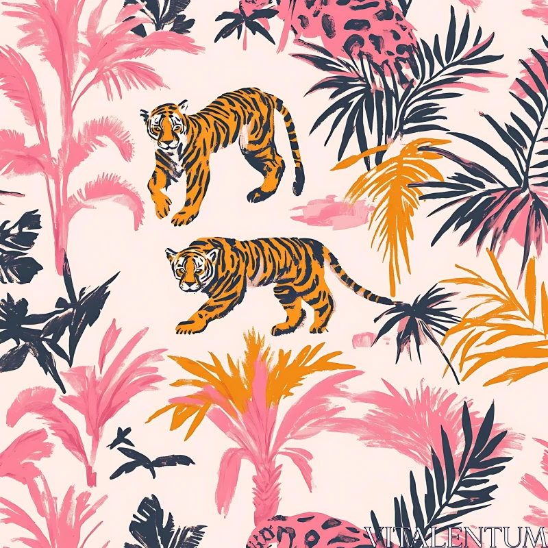 Tropical Tigers and Palm Trees AI Image