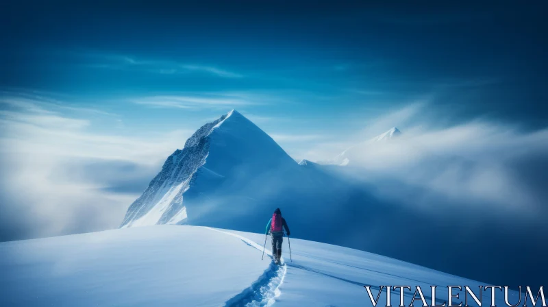 Surreal Mountain Landscape with Solo Female Skier AI Image