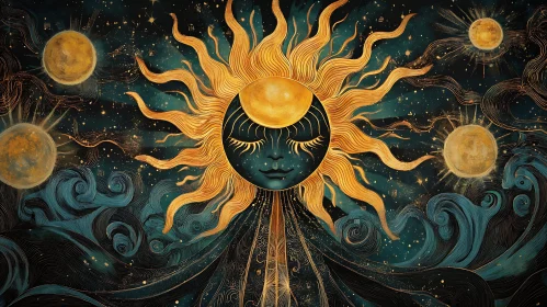 Golden Sun Face in Starry Night