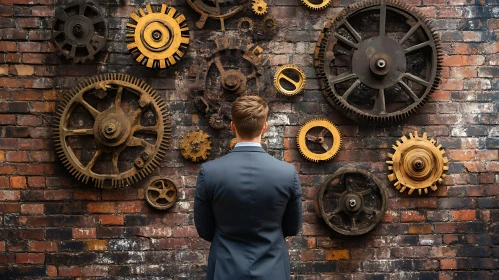 Man Contemplates Gears on Brick Wall