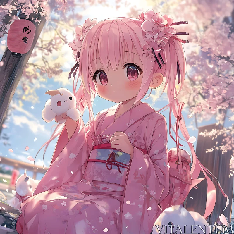 Kawaii Anime Girl with Pink Hair and Cherry Blossoms