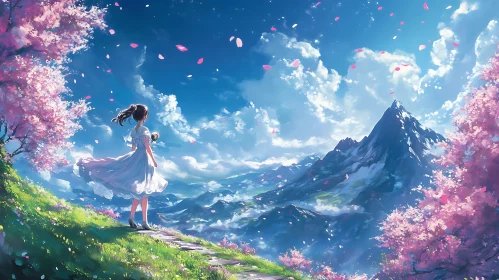 Tranquil View of Mountains and Cherry Blossoms
