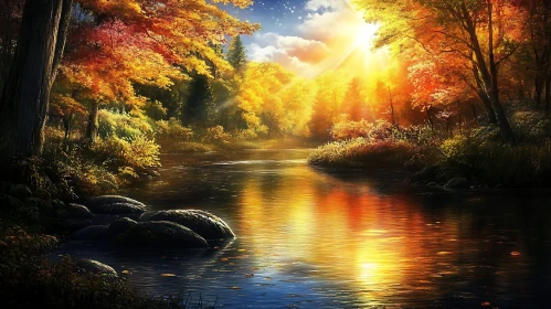 Golden River in Autumn Forest
