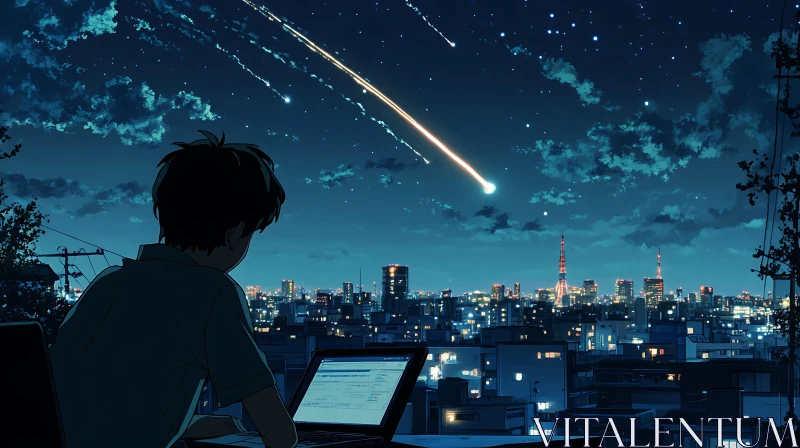 Anime Meteor Shower Over City at Night