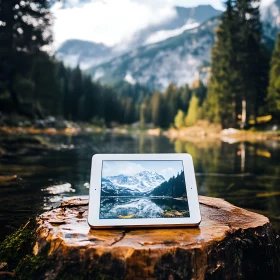 Tablet Displaying Mountain Lake Scenery