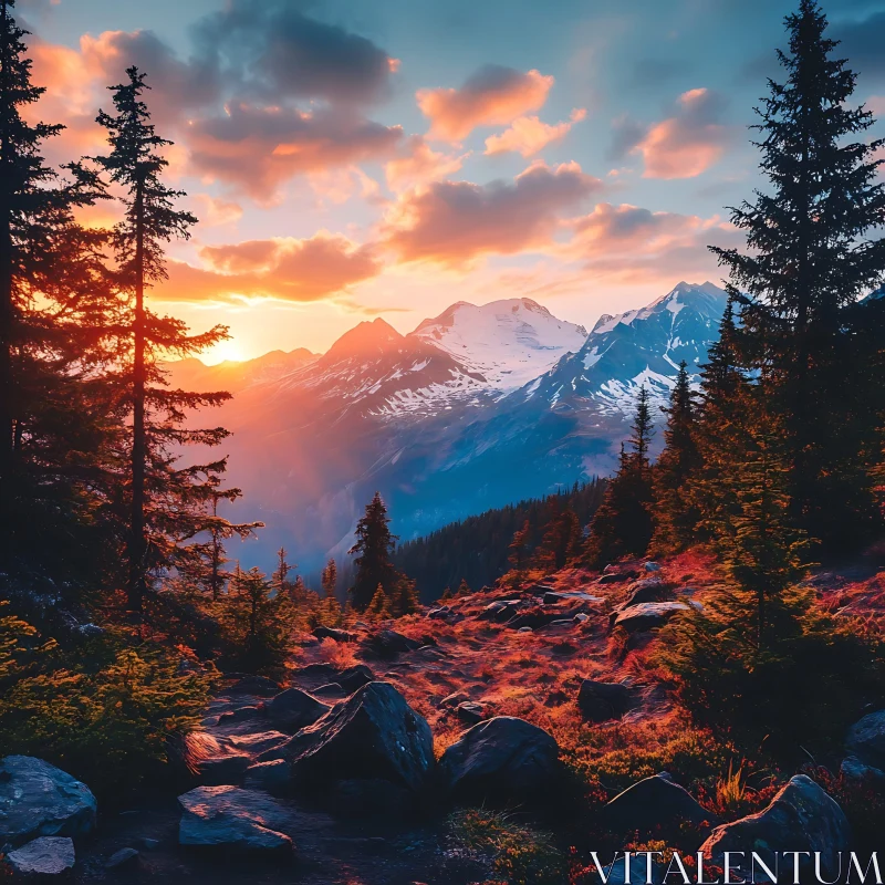 Picturesque Sunset over Snow-Capped Mountains