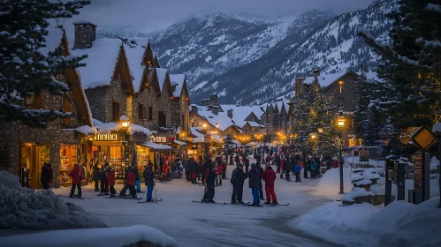 Snowy Village Scene at Dusk