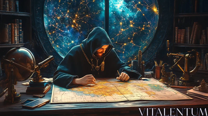 Hooded Figure Studying Map by Starlight