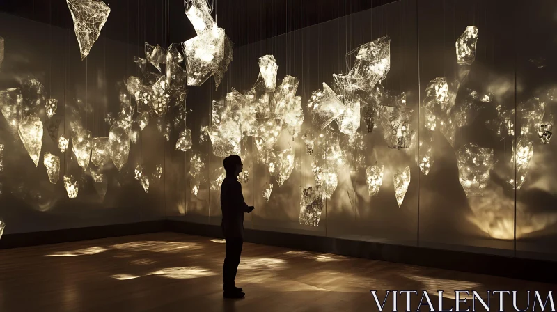 Figure Gazing at a Light Installation