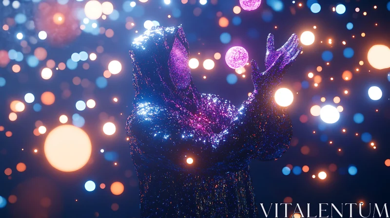 Shimmering Figure with Floating Orbs AI Image