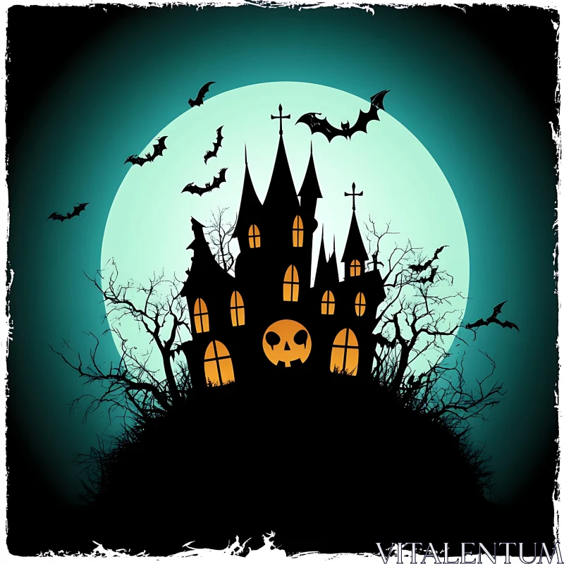 Spooky Castle with Bats and Moon