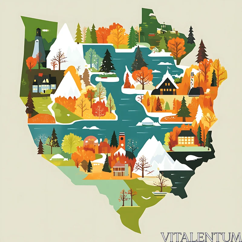 Colorful Autumnal Map with Houses and Trees