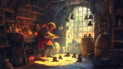 Man Crafting in Old Workshop