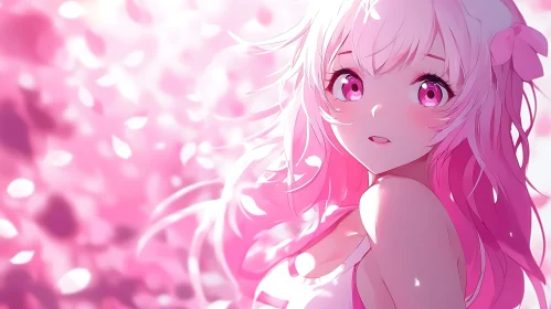 Anime Girl with Pink Hair and Petals