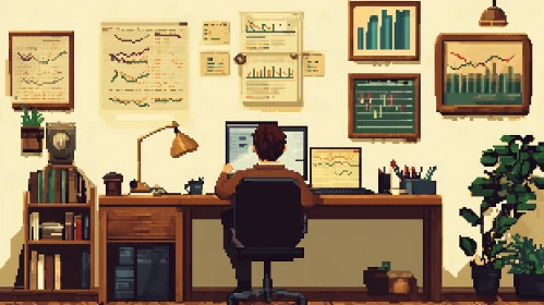 Pixelated Office Workplace with Financial Data