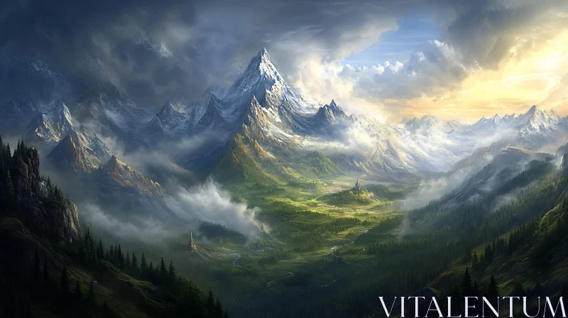 AI ART Snowy Peaks and Green Valley Landscape