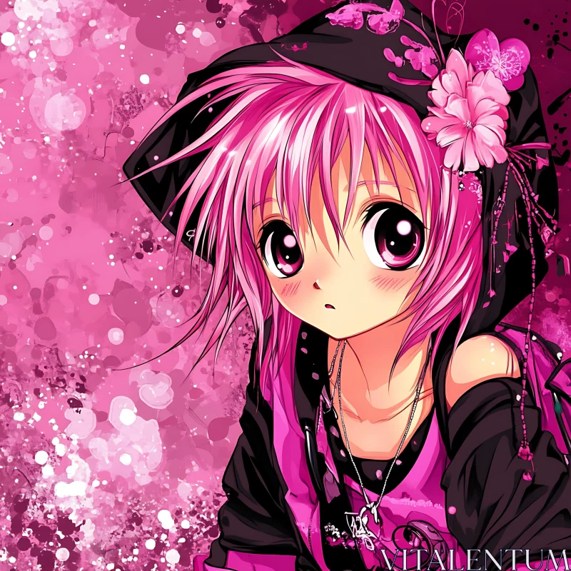 Cute Anime Girl in Black and Pink