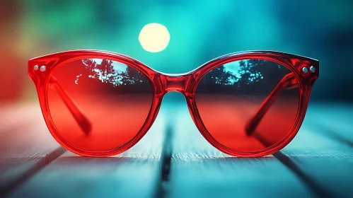 Retro Red Sunglasses on Wooden Table