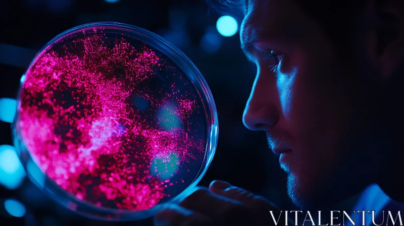 Man Examining Glowing Petri Dish Culture