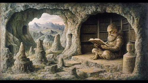 Ancient Scholar in Secluded Stone Library