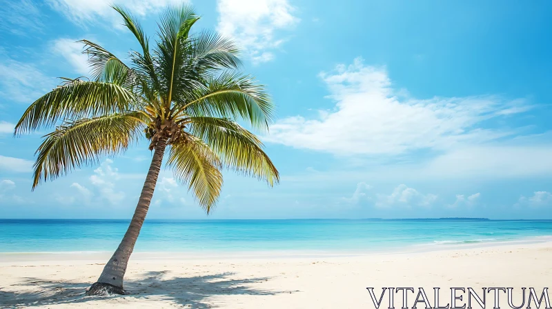 Seascape with Palm Tree on White Sand Beach