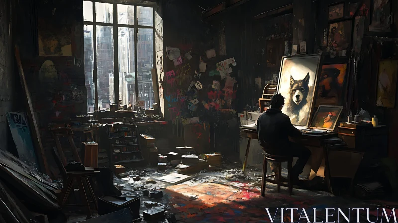 Studio Scene with Artist and Wolf Painting