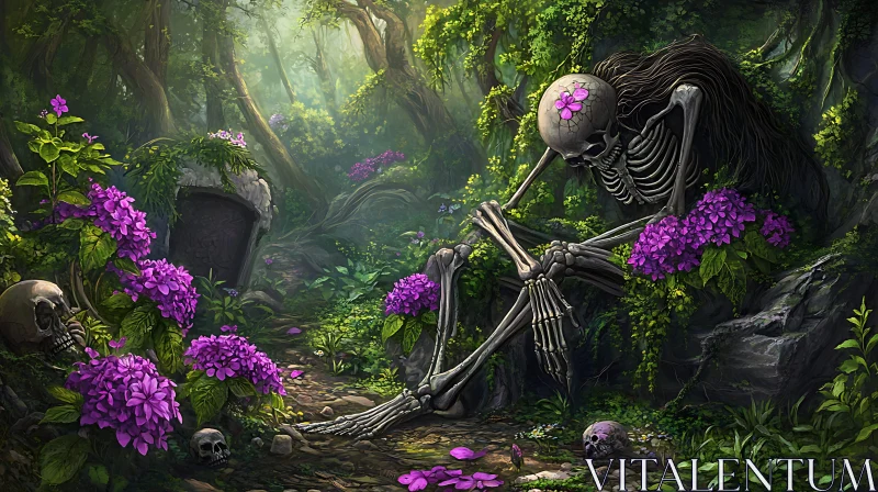Pensive Skeleton with Flowers in a Forest