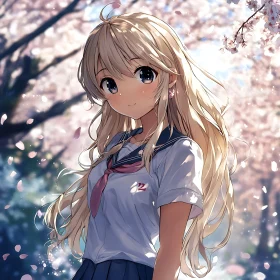 Blonde Anime Girl with Cherry Blossoms
