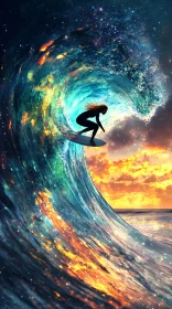 Riding Celestial Waves: Sunset Surfing