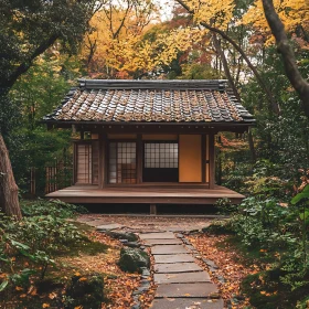 Japanese House with Garden Pathway in Fall