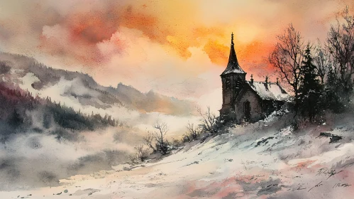 Snowy Hill Church Watercolor Art