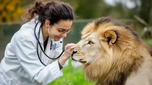 Veterinarian Examining a Lion with Stethoscope