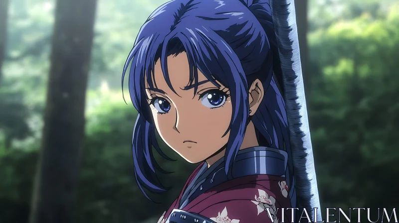 Samurai Anime Character in Lush Forest