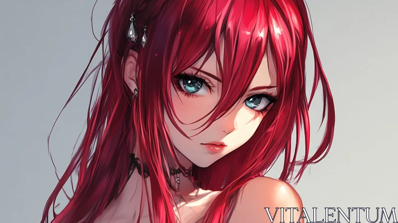 Anime Girl Portrait with Red Hair and Blue Eyes AI Image