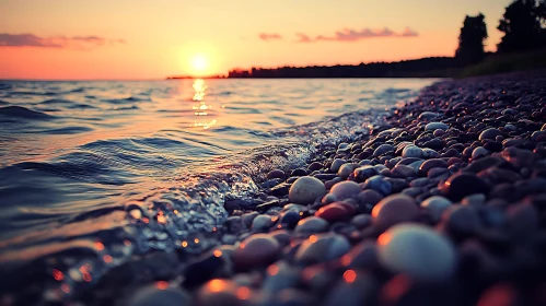 Coastal Sunset with Rocks and Waves