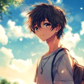 Emotional Anime Character with Sunset Background