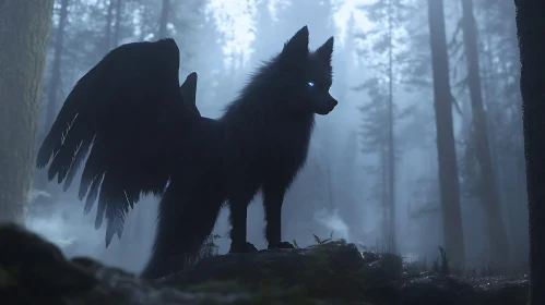 Mystical Winged Wolf in Dark Forest