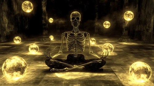 Meditating Skeleton with Glowing Orbs